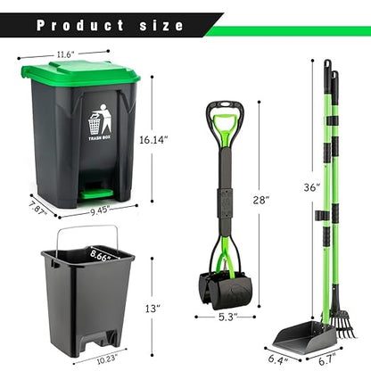 MXF Pooper Scooper Set - 28" Dog Pooper Scooper &amp; Long Handle Stainless Metal Tray&amp;Rake, 15 Litre Step Dog Poop Trash Can w/Removable Inner Bucket, 20 Waste Bags for Outdoors