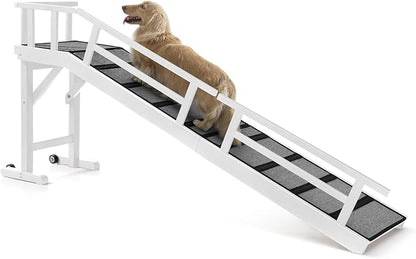Dog Ramp for Bed or Couch, Wooden Pet Ramp with 20° Gentle Slope, Removable Side Rails, Non-Slip Surface, Top Platform &amp; Wheels, Safe Bed Ramp for Small, Medium &amp; Senior Dogs, 74" Long, White