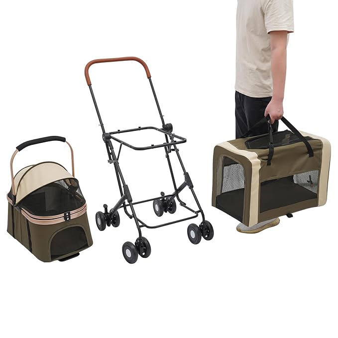 2-Layers Pet Stroller for 2 Cats/Dogs,Foldable Lightweight 77lbs Capacity Carrier, 4 Wheels, Removable Basket &amp; Storage Pocket,for Small Pets (Green)
