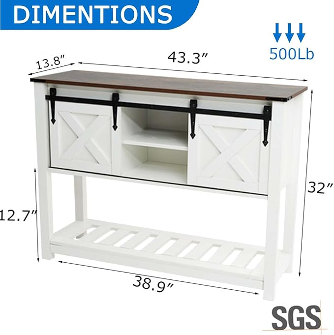 Entryway Table with Storage, Farmhouse Buffet Cabinet Coffee Bar Kitchen Island with Sliding Barn Doors &amp; Shelves, Console Table for Kitchen, Dining Room, Living Room, White