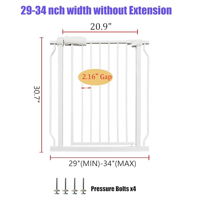 Walk Through Baby &amp; Dog Gate 29-34 Inch, Pressure Mounted No Drilling, Indoor Safety Gate for Stairs &amp; Doorways, Metal Design for Kids and Pets, White