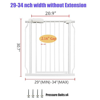 Walk Through Baby &amp; Dog Gate 29-34 Inch, Pressure Mounted No Drilling, Indoor Safety Gate for Stairs &amp; Doorways, Metal Design for Kids and Pets, White