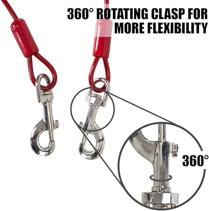 BV Dog Tie Out Cable 30 Feet - Heavy Duty Dog Lead Up to 125 Pounds - Reflective &amp; Rust-Free with Quick Release Swivel Clips &amp; 360° Rotating Clasp - Tangle-Free Dogs Runner for Yard (Red, Single)