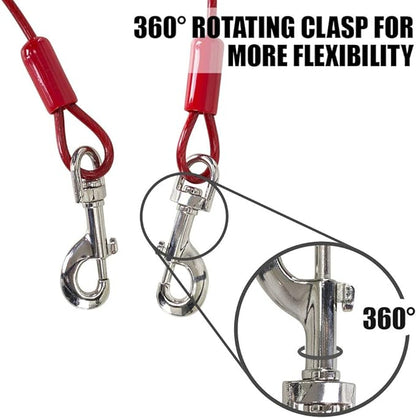 BV Dog Tie Out Cable 30 Feet - Heavy Duty Dog Lead Up to 125 Pounds - Reflective &amp; Rust-Free with Quick Release Swivel Clips &amp; 360° Rotating Clasp - Tangle-Free Dogs Runner for Yard (Red, Single)