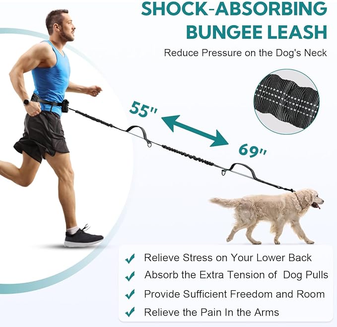 Hands Free Dog Leash with Pouch, Retractable Bungee, Double Padded Handles for Walking, Waist Leash for Medium &amp; Large Dogs, Walking Accessories