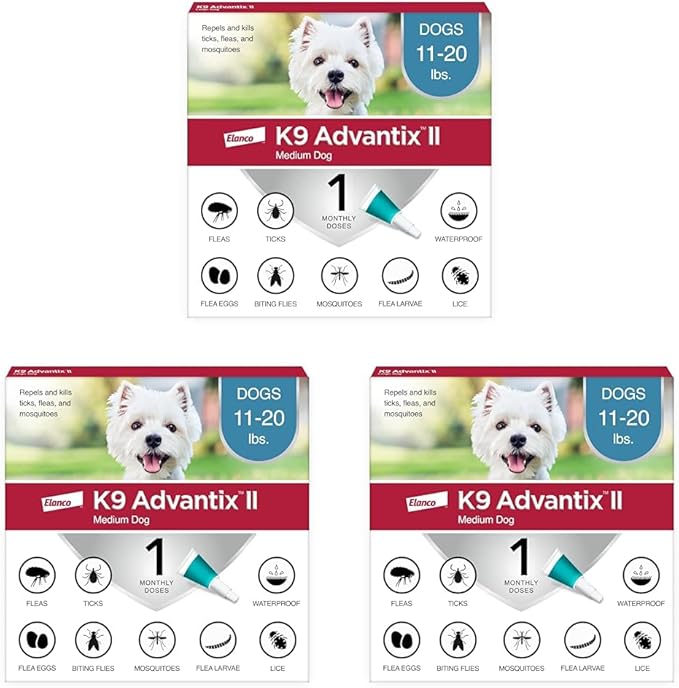 K9 Advantix II Medium Dog Vet-Recommended Flea, Tick &amp; Mosquito Treatment &amp; Prevention | Dogs 11-20 lbs. | 1-Mo Supply (Pack of 3)