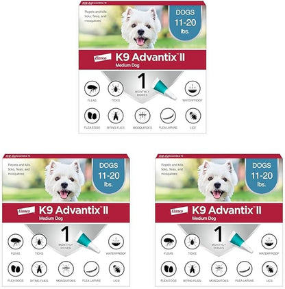 K9 Advantix II Medium Dog Vet-Recommended Flea, Tick &amp; Mosquito Treatment &amp; Prevention | Dogs 11-20 lbs. | 1-Mo Supply (Pack of 3)