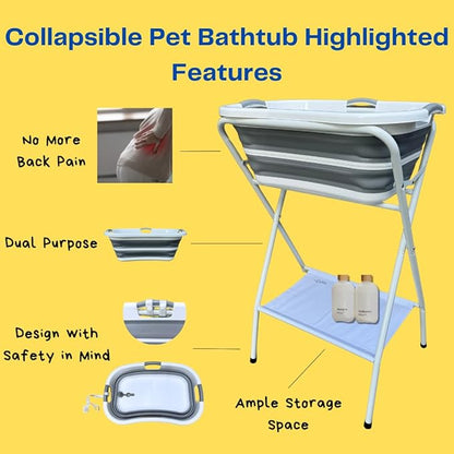 Collapsible Elevated Pet Bathtub, Foldable Washing Station for Small to Medium Dogs and Cats, Portable Pet Shower and Grooming Stand for Indoor and Outdoor Use