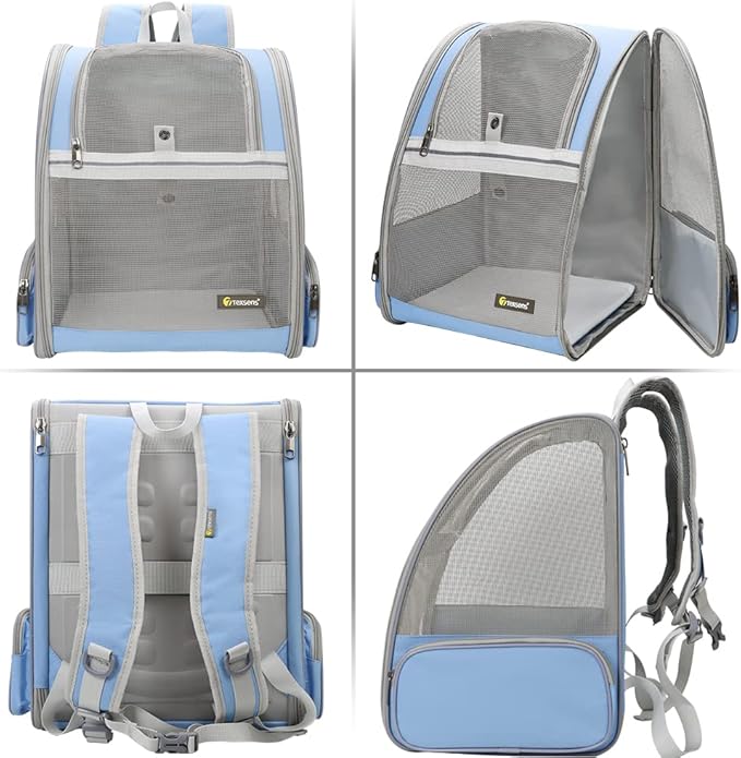 Texsens Pet Backpack Carrier for Small Cats Dogs | Ventilated Design, Safety Straps, Buckle Support, Collapsible | Designed for Travel, Hiking &amp; Outdoor Use (Blue)