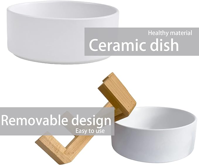 Ceramic Dog Cat Bowl with Wood Stand,Cat Food &amp; Water Bowls Elevated Non-Spill Modern Cute Kitty Dishes Heavy Weighted Round Pet Dishes Set for Kitten Small Cat(White)