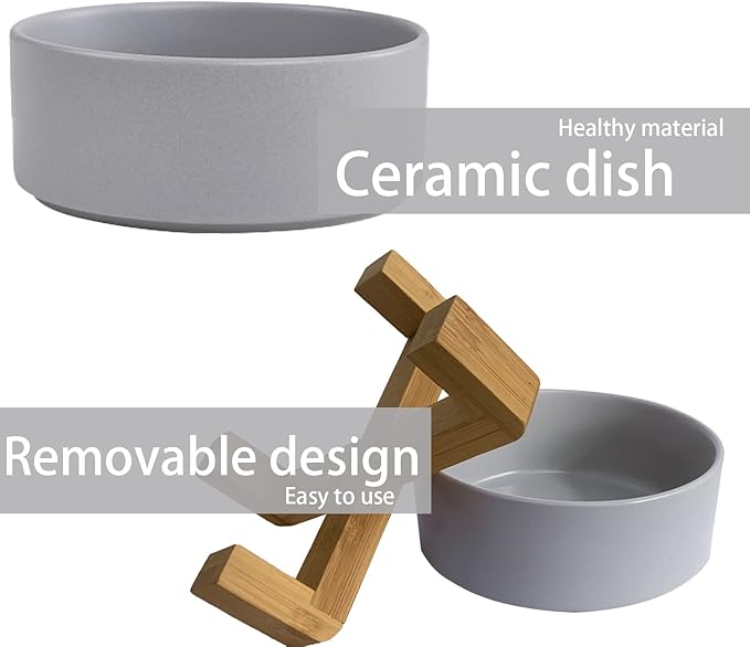 Ceramic Dog Cat Bowl with Wood Stand,Cat Food &amp; Water Bowls Elevated Non-Spill Modern Cute Kitty Dishes Heavy Weighted Round Pet Dishes Set for Small Kitten Grown Cat(Grey)