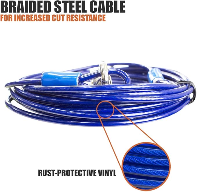 BV Dog Tie Out Cable 15 Feet - Heavy Duty Dog Lead Up to 60 Pounds - Reflective &amp; Rust-Free with Quick Release Swivel Clips &amp; 360° Rotating Clasp - Tangle-Free Dogs Runner for Yard (Blue, Single)