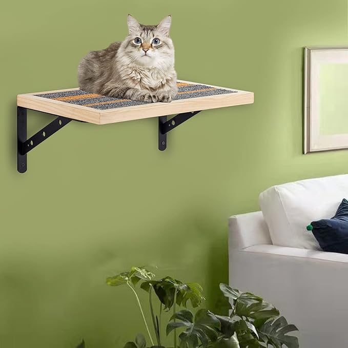 Handcrafted Wood Cat Perch &amp; Shelves - Floating Shelf with Cat Hammock Seat, Lounge Bed, Climbing Steps for Relaxing, Playing and Scratching