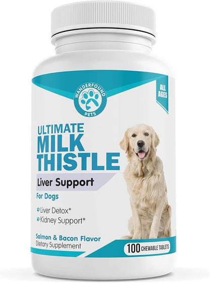 Wanderfound Pets Milk Thistle for Dogs – Tasty Salmon &amp; Bacon Flavored Natural Liver Support for Pets – Kidney Cleanse Detox &amp; Repair Formula Manufactured in The USA – 100 Chewable Tablets