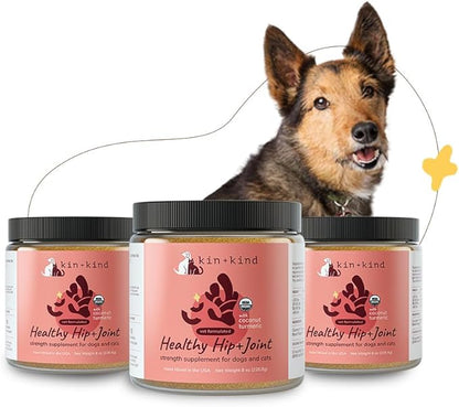 kin+kind Hip+Joint Supplement Dogs &amp; Cats - Vet Formulated Natural Formula with Organic Turmeric, Black Pepper and Coconut- Made in USA - Bundle (3 x 8 oz)