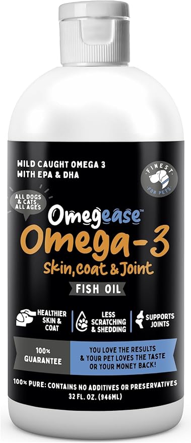 Omegease Fish Oil for Dogs &amp; Cats - Finest for Pets Omega 3 for Cats &amp; Dogs - Supplement for Skin &amp; Coat, Itching, Shedding, Joints &amp; Immune Health - 100% Pure Omega Fish Oil with EPA &amp; DHA (32 oz)