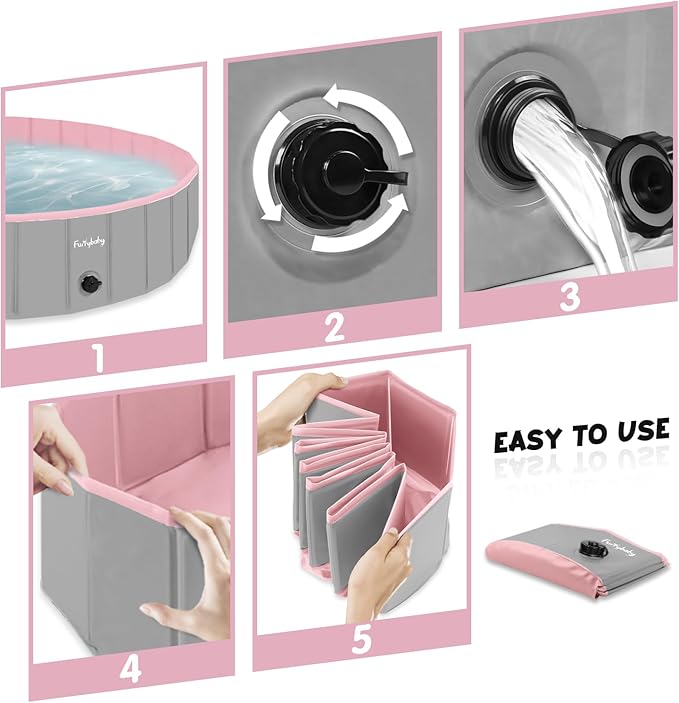 Furrybaby Dog Pool, Kiddie Pool Hard Plastic, Collapsible Pet Bath Foldable Swimming Pet Pool Portable Pink 32&