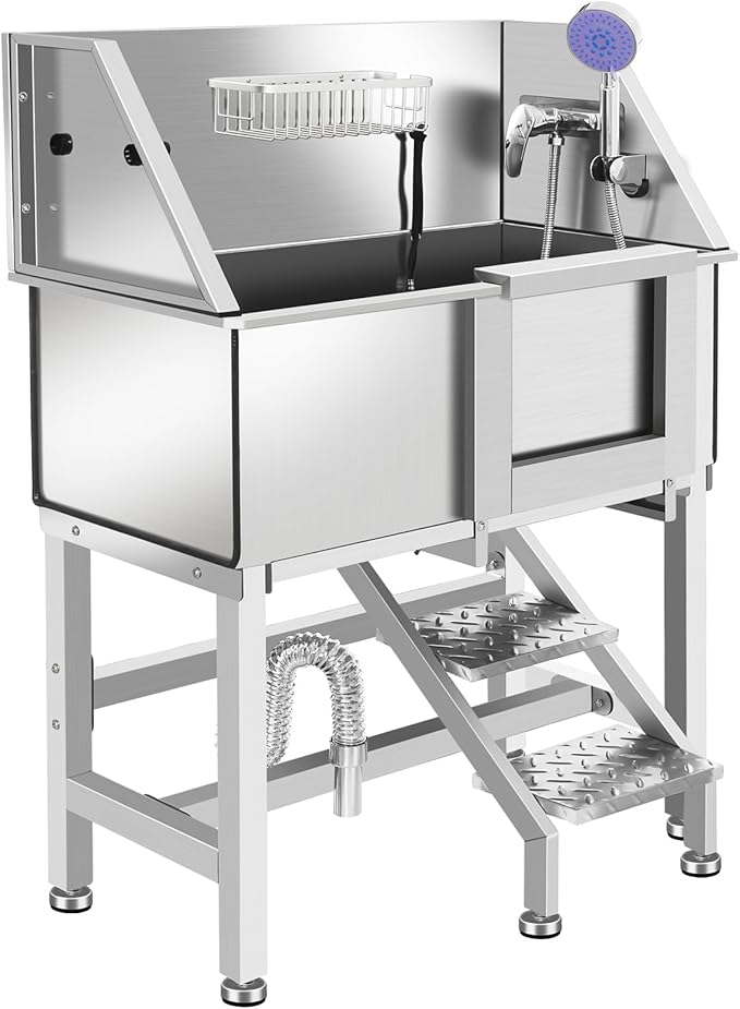 Professional Stainless Steel Dog Bathing Station, Dog Grooming Tub, with Stairs, Floor Grate &amp; Faucet for Dog Bathtub for Large, Medium &amp; Small Pets,34" R-RAMP