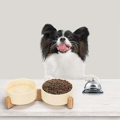 SPUNKYJUNKY Ceramic Dog and Cat Bowl Set with Wooden Stand, Modern Cute Weighted Food Water Set for Small Size Dogs (13.5OZ) &amp; Medium Sized Dogs (28.7OZ) &amp; Cats (1.7 Cups, 2 × Beige)