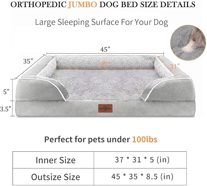 Comfort Expression Cooling Dog Bed, Orthopedic Memory Foam Dog Bed, Jumbo Beds for Extra Large Dogs, Large Breed Dogs Beds Waterproof with Bolster &amp; Removable Cover(Jumbo,Light Grey)