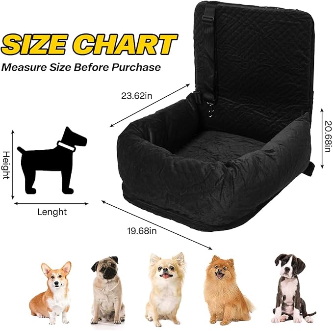 Dog Car Seat for Small Medium Dogs Up to 40lbs, Detachable Washable Soft Pet Booster Travel Bed for Front &amp; Black Seat with Safety Leash Belt