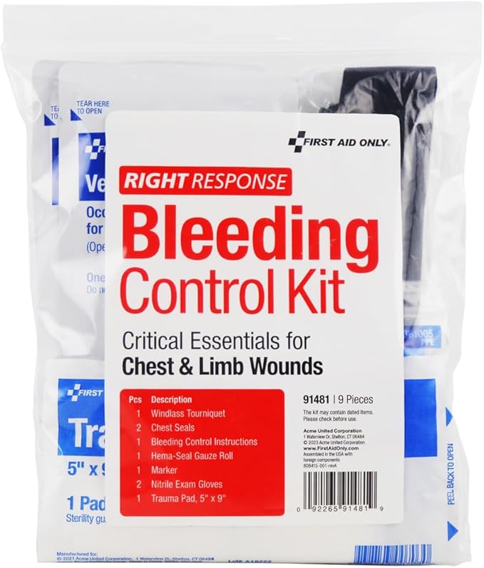 First Aid Only 91481 Critical Essentials Bleeding Control Kit for Chest &amp; Limb Wounds, 9 Pieces