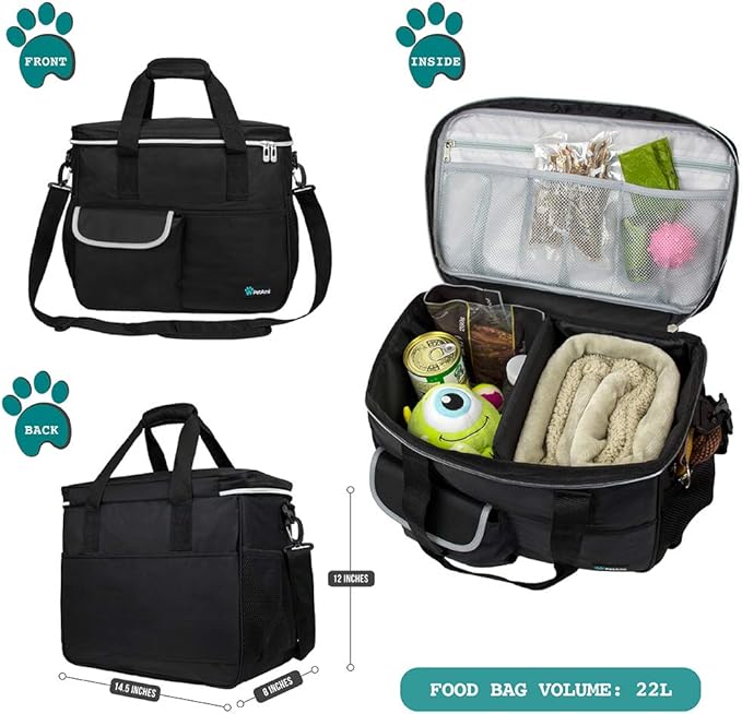 PetAmi Travel Bag Organizer - Dog &amp; Cat Diaper Bag with Food Container, Bowls &amp; Accessories for Weekend Camping