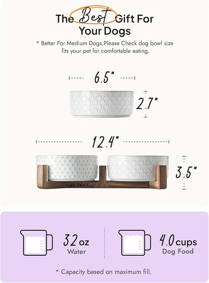 Dog Bowls Ceramic for Small Medium Dogs - 3-Cup Dual Food &amp; Water Bowl Set with Acacia Wood Stand, Non-Slip Anti-Tip Elevated Design