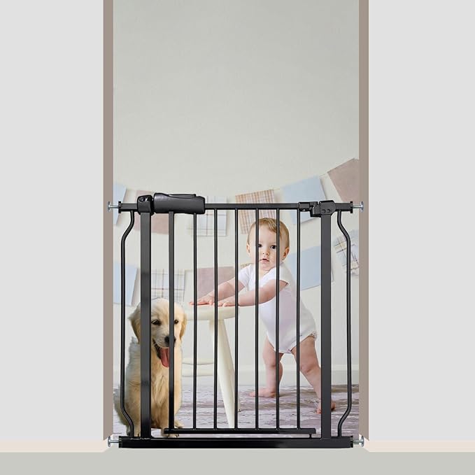 Walk Through Baby &amp; Dog Gate 29-34 Inch, Tension Mounted No Drilling, Indoor Safety Gate for Stairs &amp; Doorways, Metal Design for Kids and Pets, Black