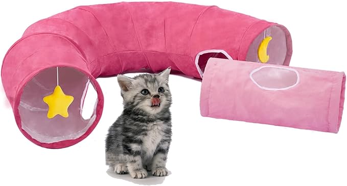 Cat Tunnel, Large Indoor Durable Collapsible Interactive Cat Tube with Peek-A-Boo Hole, Hanging Toys, and Crinkly Paper Lining - Cute Tunnel for Cats, Kittens, Puppies &amp; Rabbits, Pink