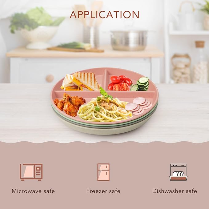 greenandlife 9 Inch (4PCS) Unbreakable Divided Plates for Kids Adults, Dishwasher &amp; Microwave Safe Compartment Plate, Lightweight Reusable Plastic Portion Control Plates, BPA Free and Healthy