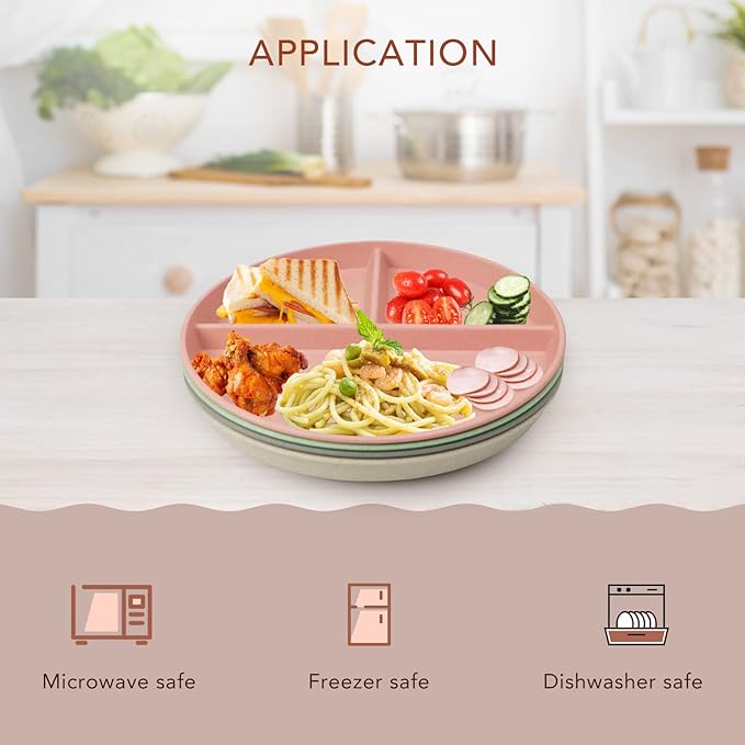 greenandlife 10 Inch 4PCS Unbreakable Portion Control Plates, Divided Plates for Kids Adults, Dishwasher &amp; Microwave Safe Compartment Plate, Lightweight Reusable Wheat Straw Plate, BPA Free