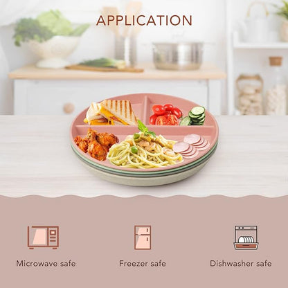greenandlife 10 Inch 4PCS Unbreakable Portion Control Plates, Divided Plates for Kids Adults, Dishwasher &amp; Microwave Safe Compartment Plate, Lightweight Reusable Wheat Straw Plate, BPA Free