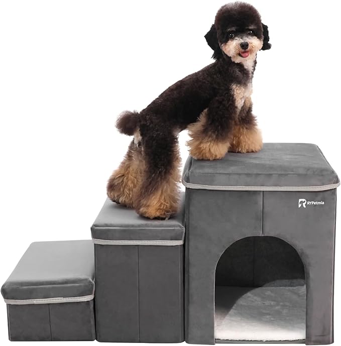 Foldable Pet Stairs for Beds &amp; Sofas - Non-Slip Dog Steps with Storage for Small to Medium Dogs &amp; Cats, Supports up to 120 lbs - Durable 2 &amp; 3-Step Doggie Ladder for Easy Access