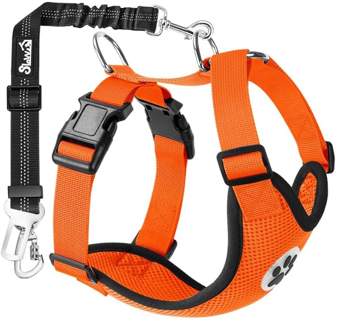 SlowTon Dog Seat Belt Harness for Car, Dog Car Harness Adjustable Mesh Breathable &amp; Dog Seatbelt Safety Tether with Elastic Bungee for Small Medium Large Pets(Orange, Double Clip, M)