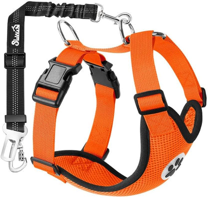 SlowTon Dog Seat Belt Harness for Car, Dog Car Harness Adjustable Mesh Breathable &amp; Dog Seatbelt Safety Tether with Elastic Bungee for Small Medium Large Pets(Orange, Double Clip, M)