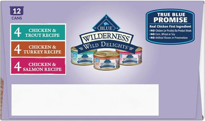 Blue Buffalo Wilderness Wild Delights High Protein Grain Free, Natural Adult Meaty Morsels Wet Cat Food, Ⲥhicken &amp; Turkey, 𝙲hicken &amp; Trout, 𝐂hicken &amp; Salmon 3-oz cans (12 count - 4 of Each Flavor)
