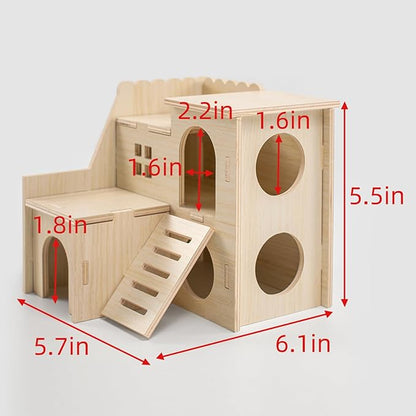 Multi-Chamber Hamster Hideout &amp; House, Natural Wood Small Animal Cage Accessories for Dwarf Hamsters, Gerbils and Mice – Ventilated Design with Structure