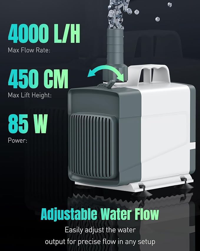 Pawfly 1060 GPH Fountain Pump, 85 W Submersible Water Pump with 14.8 ft. High Lift and 3 Nozzles, Quiet Water Fountain Pump for Aquarium Fish Tank Waterfall Pond &amp; Hydroponics