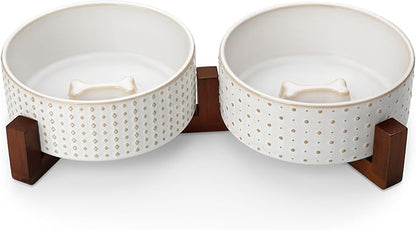 MALACASA Dog Bowl Set with Walnut Wood Stand, 3.5 Cups Ceramic Pet Bowls for Puppy Dogs, Dual Food and Water Bowls with Weighted Non-Slip Base, Basic Bowls for Your Dog or Cat, Rhombic &amp; Polka Dots