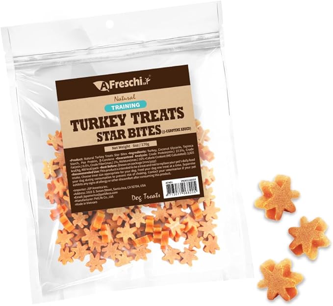 Afreschi Natural Turkey Treats Star Bites –6 oz, Hexagonal Shape, USA-Sourced Trukey, All-Natural, Hypoallergenic, Low-Fat, Healthy &amp; Easily Digestible, Puppy &amp; Training Snack &amp; Small Dogs