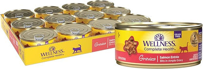 Wellness Complete Health Gravy Adult Wet Cat Food, Natural, Protein-Rich, Grain Free, 5.5 Ounce, 12 Pack, (Salmon Entree)
