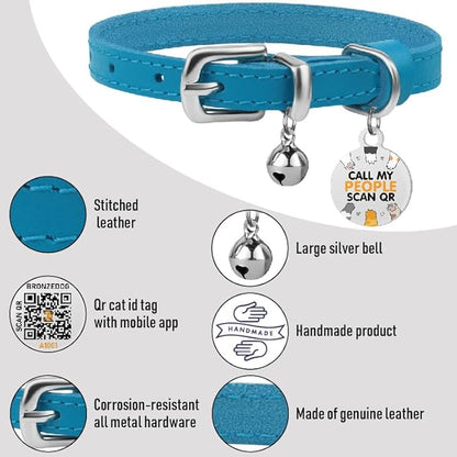 BRONZEDOG Leather Cat Collar with Removable Bells Non Breakaway Kitten QR Tag for Girl Boy (9" - 12" Cats/Mini Dogs, Blue &amp; Silver)