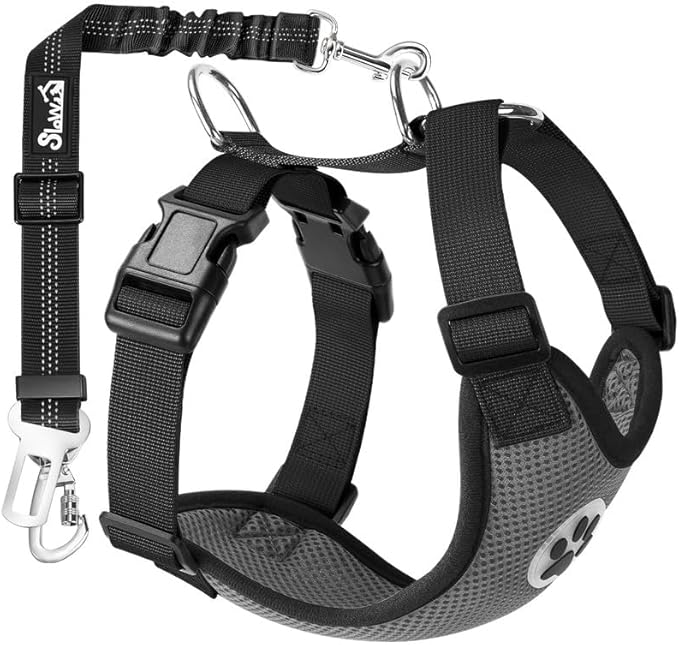 SlowTon Dog Seat Belt Harness for Car, Dog Car Harness Adjustable Mesh Breathable &amp; Dog Seatbelt Safety Tether with Elastic Bungee for Small Medium Large Pets(Grey, Double Clip, M)