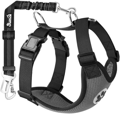 SlowTon Dog Seat Belt Harness for Car, Dog Car Harness Adjustable Mesh Breathable &amp; Dog Seatbelt Safety Tether with Elastic Bungee for Small Medium Large Pets(Grey, Double Clip, M)