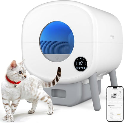 Cumrige Self Cleaning Litter Box, Large Capacity Automatic Cat Litter Box Self Cleaning for Cats, App Control,Safety Protection, 2 Roll Garbage Bags,White &amp; Grey