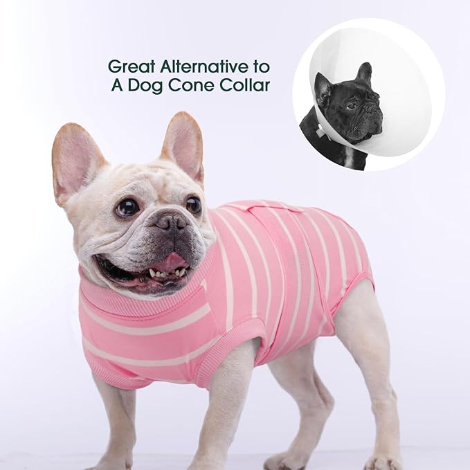 Kuoser Recovery Suit for Dogs After Surgery, Soft Dog Surgery Suit Female Anti Licking Dog Onesie E-Collar &amp; Cone Alternative, Breathable Pet Surgical Recovery Shirt, Pink Strips L