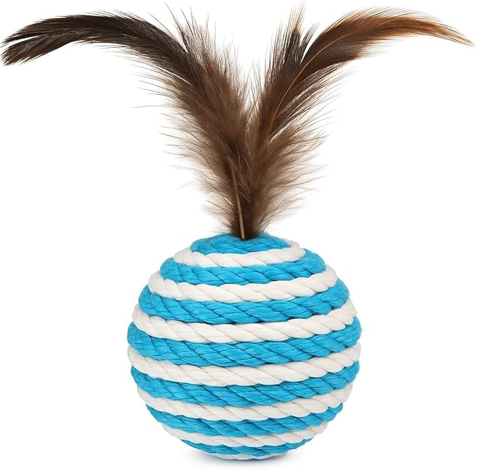 Ball for cat with Feathers - Balls for Cats – Natural Toy for Indoor Cats – Eco-Friendly, Durable, Interactive Play Balls for Kittens – Pet-Safe Chew &amp; Scratch Toys (Sky Blue)