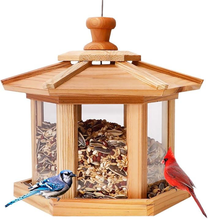 Solution4Patio Bird Feeder for Outdoors - USA Cedar Hexagon Gazebo Bird Feeders with Vented Mesh Tray, Easy-Clean &amp; Fill Design 9.6" Dia. X 8.7" H 3.2-lb Capacity