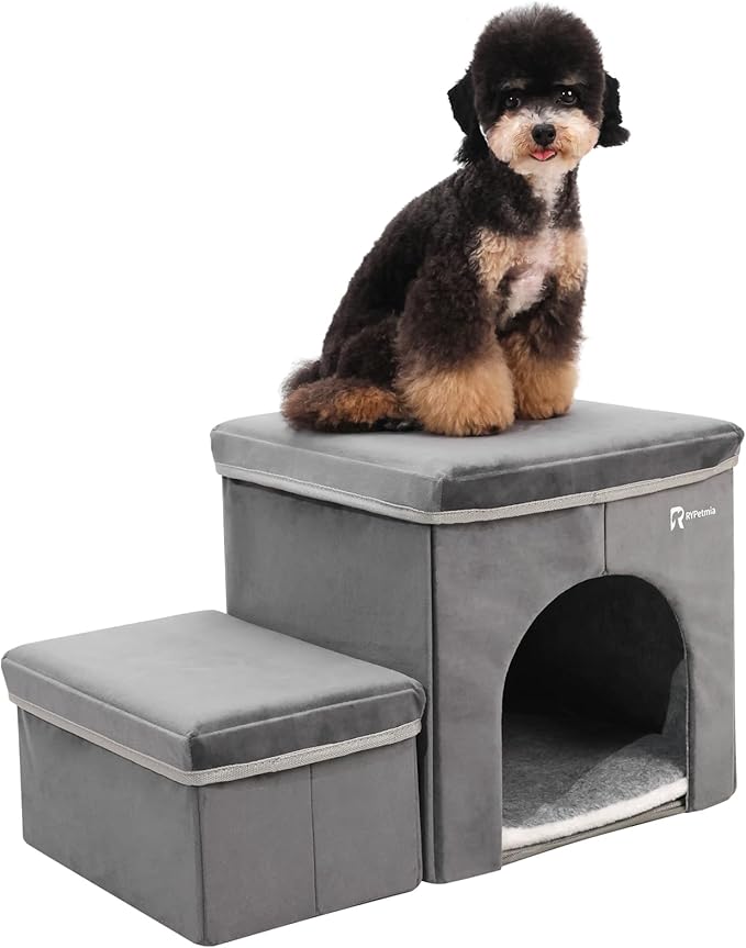 Foldable Pet Stairs for Beds &amp; Sofas - Non-Slip Dog Steps with Storage for Small to Medium Dogs &amp; Cats, Supports up to 120 lbs - Durable 2 &amp; 3-Step Doggie Ladder for Easy Access